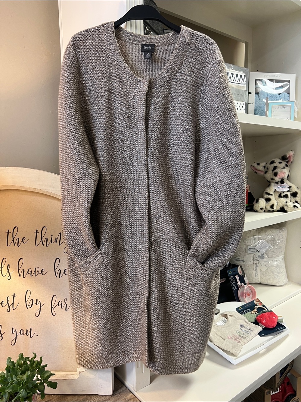 Chico's Travelers Collection Metallic Taupe Open Knit Sweater